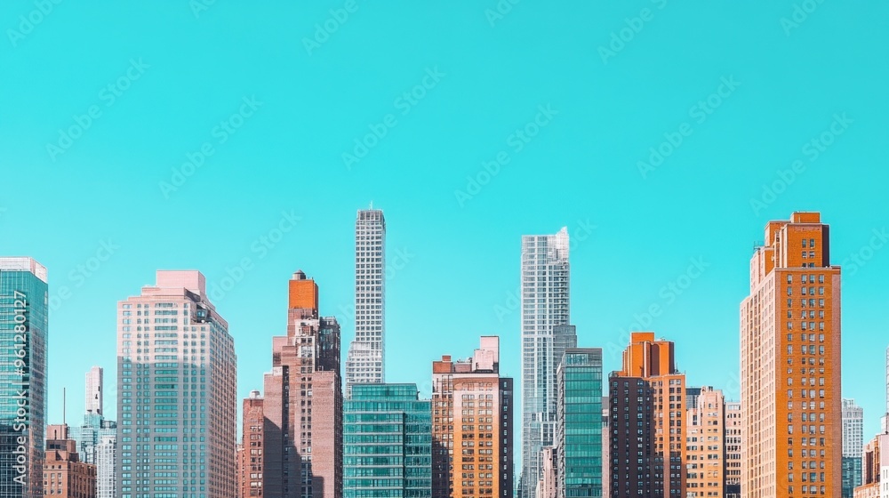 Naklejka premium A city skyline under a clear blue sky, with tall buildings and vibrant colors standing out against the backdrop.