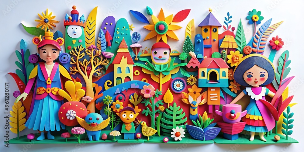 Vibrant paper cutouts of whimsical shapes and characters layered and stacked on a white background create a captivating three-dimensional effect. Vibrant paper cutouts of whimsical shapes and characters layered and stacked on a white background create a captivating three-dimensional effect.