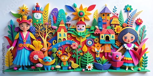 Vibrant paper cutouts of whimsical shapes and characters layered and stacked on a white background create a captivating three-dimensional effect.