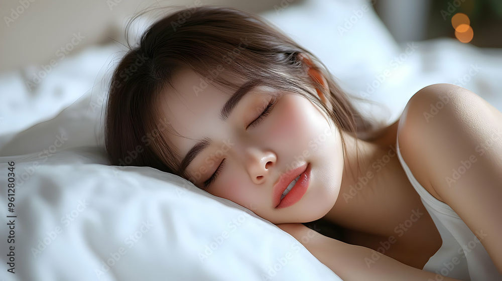 A serene woman peacefully sleeping on a bed of soft pillows.