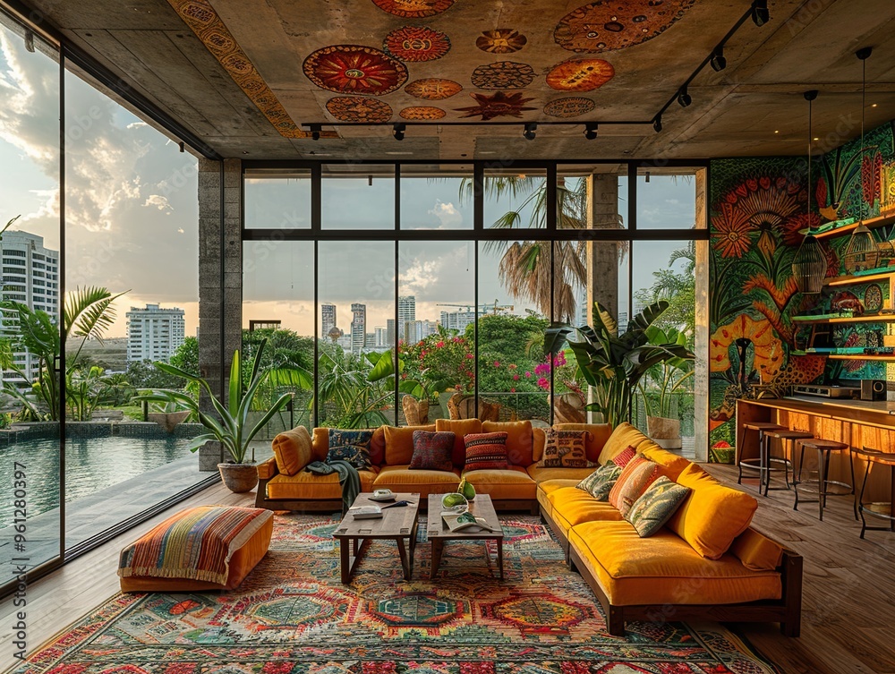 A spacious living room with a yellow sectional sofa, colorful rug, and large windows overlooking a city skyline. A spacious living room with a yellow sectional sofa, colorful rug, and large windows overlooking a city skyline.