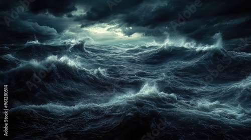 A dark, stormy sea with crashing waves under a thunderous sky, perfect for a dramatic and intense setting