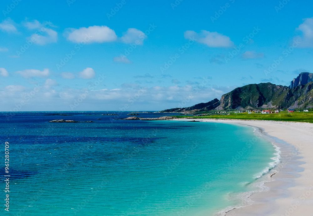 Turquoise waters and white sandy beach at Stave, along Norwegian Scenic Route Andøya in Northern Norway Turquoise waters and white sandy beach at Stave, along Norwegian Scenic Route Andøya in Northern Norway