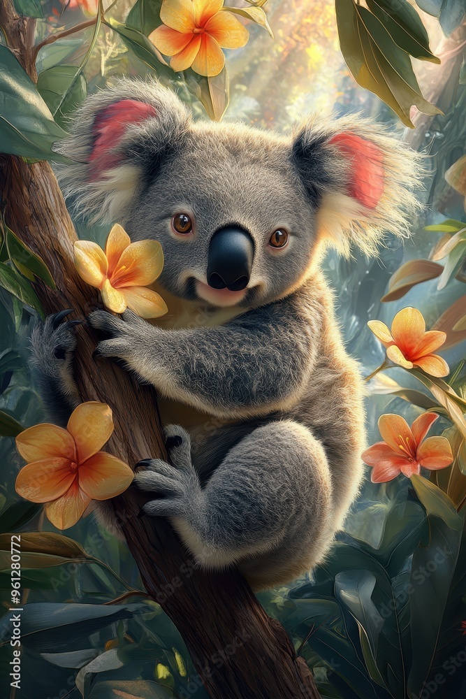 Obraz premium Adorable Koala Clinging to Tree Branch Surrounded by Vibrant Flowers in Lush Forest