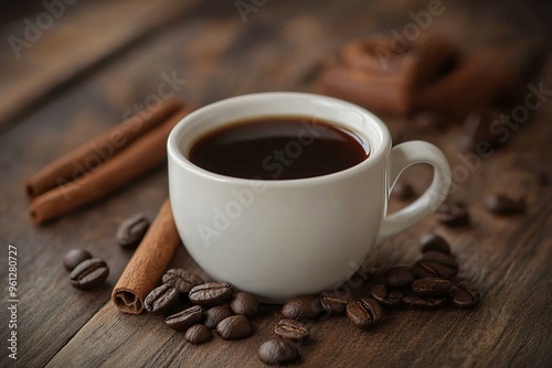 A cozy cup of black coffee surrounded by coffee beans and cinnamon sticks on a rustic wooden table.