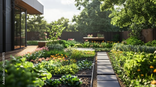 a high-tech urban garden with automated irrigation systems and smart sensors