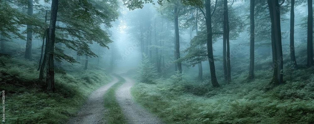 Obraz premium A foggy forest background with a path winding through tall trees, evoking mystery and tranquility