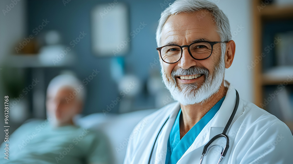 A smiling doctor in a medical setting with a patient in the background. A smiling doctor in a medical setting with a patient in the background.