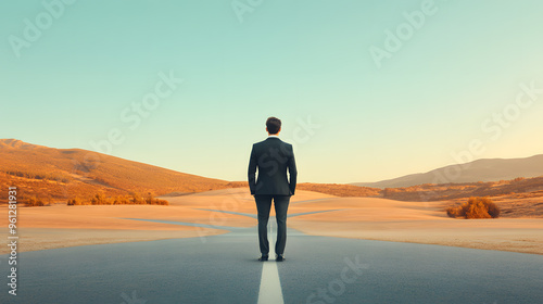 A businessman in a black suit stands at a crossroads in an open landscape, contemplating multiple paths stretching into the distance. The new beginning, career opportunities, and future possibilities.