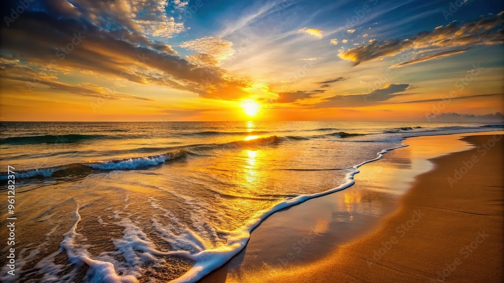 A tranquil beach scene at dawn, with the rising sun casting a golden pathway across the waves, and the shore's gentle curves leading the viewer's eye to the horizon. A tranquil beach scene at dawn, with the rising sun casting a golden pathway across the waves, and the shore's gentle curves leading the viewer's eye to the horizon.