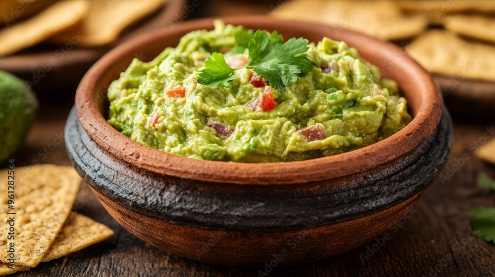 Deliciously fresh guacamole served in a rustic bowl with crispy tortilla chips, perfect for parties or casual gatherings. Deliciously fresh guacamole served in a rustic bowl with crispy tortilla chips, perfect for parties or casual gatherings.
