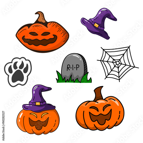 Fun Halloween day elements vector. Collection of spooky ghosts, pumpkins, spiders, graveyards, castles. Adorable Halloween festival elements for decoration, prints.