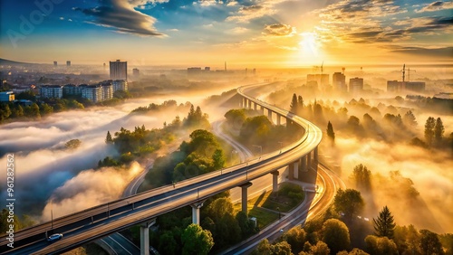 Morning mist lifts from the city streets, revealing a labyrinthine network of roads, bridges, and railways, with sunlight casting an ethereal glow on the urban landscape. photo