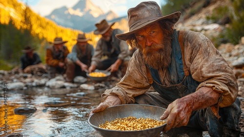 Gritty gold prospectors panning for treasure in a mountain stream