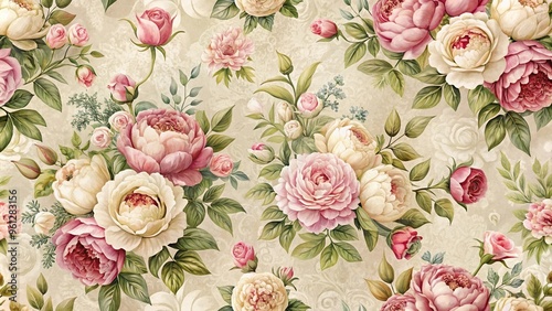 Fototapeta Naklejka Na Ścianę i Meble -  Artistic vintage floral wallpaper with elegant roses and peonies seamless pattern Macro