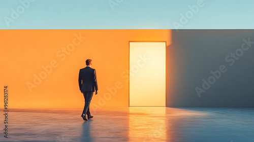 A image of a professional stepping through a doorway into a bright, glowing light. The radiant illumination represents a bold new beginning, symbolizing confidence, growth, and future opportunities.