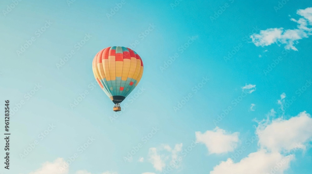 Fototapeta premium A clear blue sky with a colorful hot air balloon floating peacefully, capturing the essence of adventure.