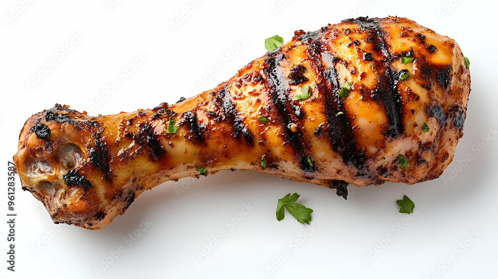 Photo of Grilled Chicken Drumstick with Parsley Garnish on White Photo of Grilled Chicken Drumstick with Parsley Garnish on White