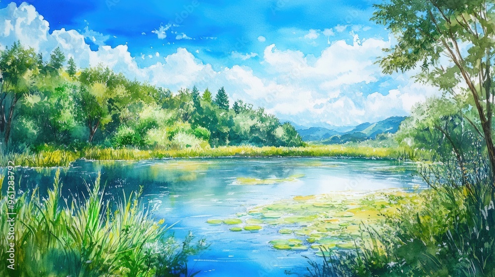 Serene Landscape with Tranquil Waters and Lush Greenery Under a Blue Sky Serene Landscape with Tranquil Waters and Lush Greenery Under a Blue Sky