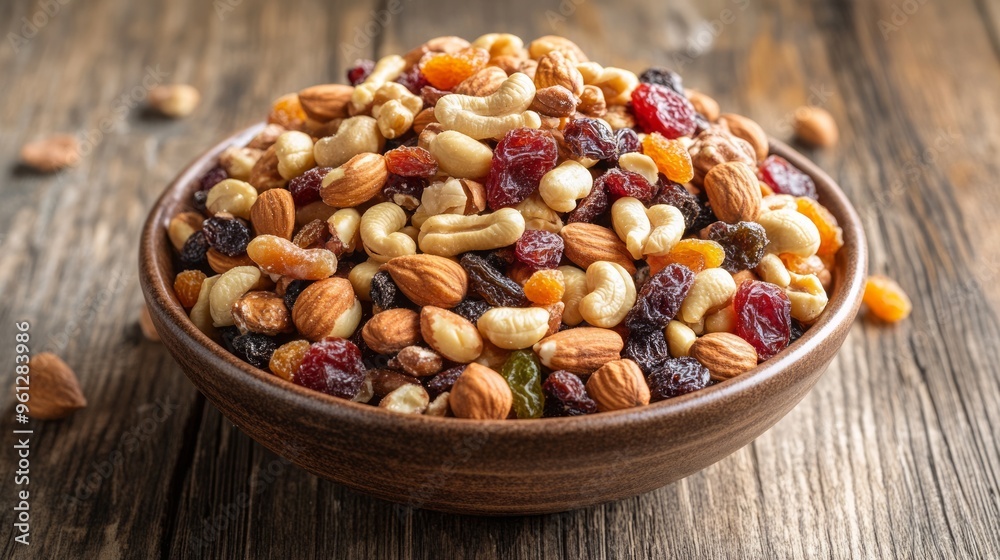 A vibrant bowl of mixed nuts and dried fruits, perfect for healthy snacking and enhancing recipes with natural flavors. A vibrant bowl of mixed nuts and dried fruits, perfect for healthy snacking and enhancing recipes with natural flavors.