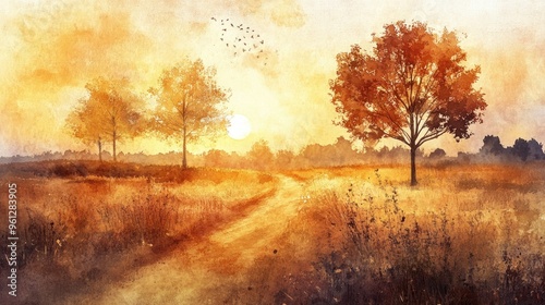 Breathtaking Autumn Landscape at Sunset with Vibrant Trees and a Scenic Path Through Golden Fields