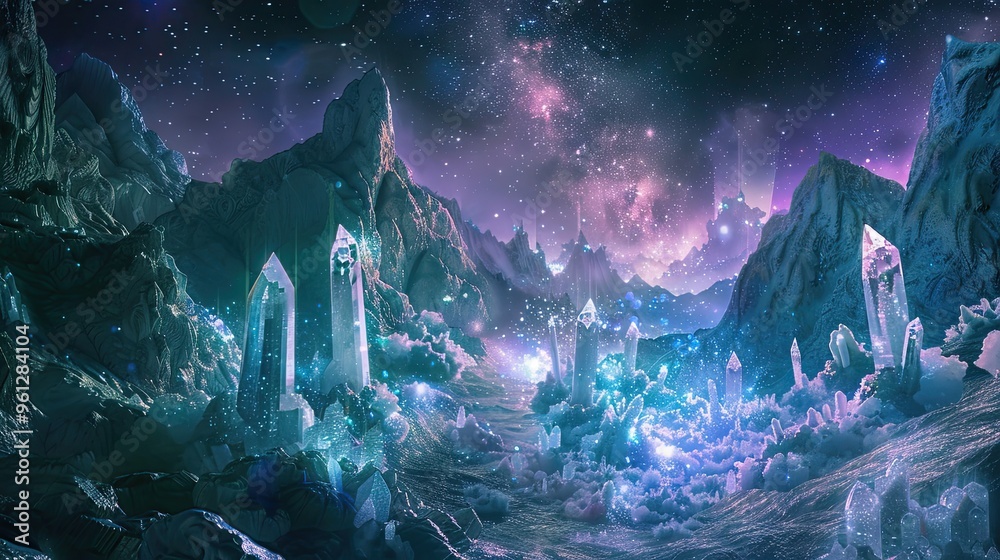 Floating crystals and glowing streams of light over mountains in surreal backdrop Floating crystals and glowing streams of light over mountains in surreal backdrop