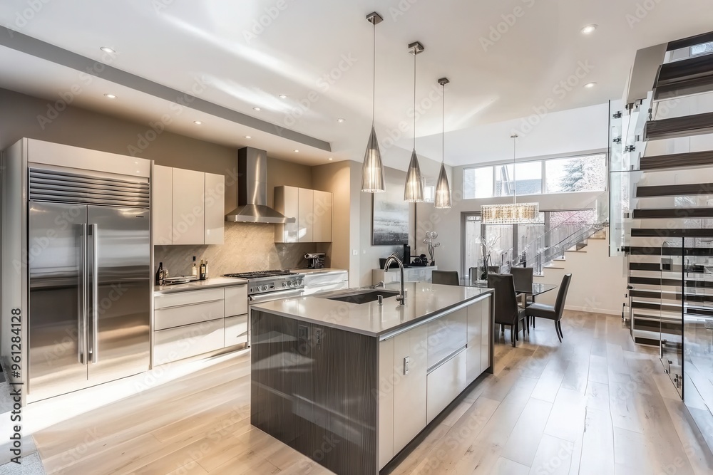 Modern kitchen with sleek design and ample natural light. Modern kitchen with sleek design and ample natural light.