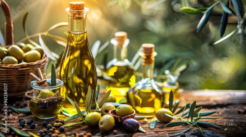 Fresh extra virgin cold pressed olive oil with green olives in sunlight for healthy cooking