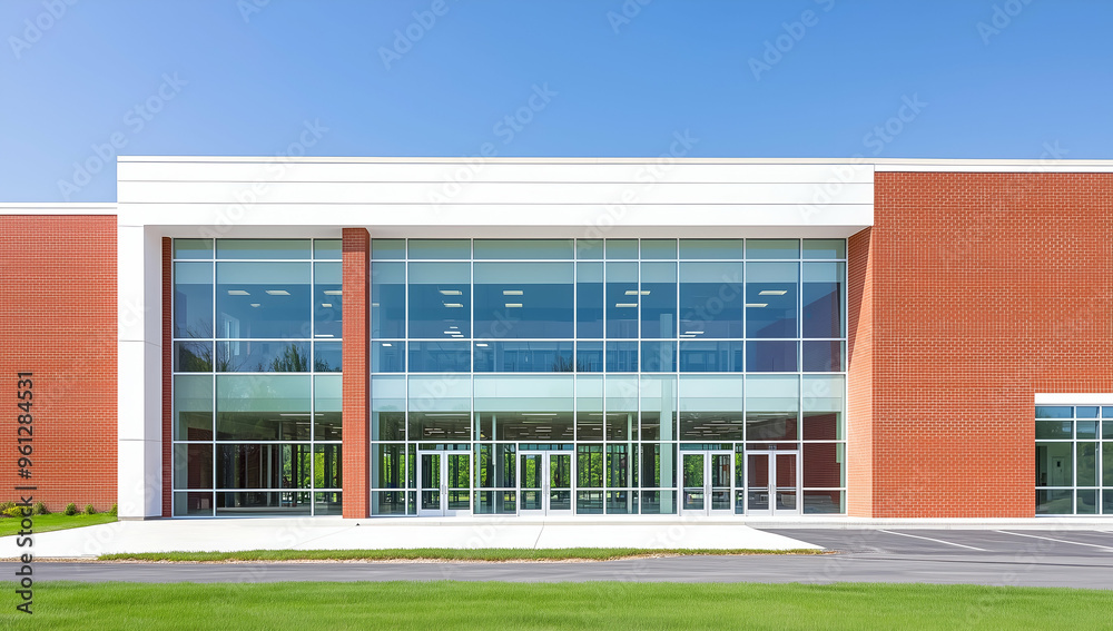 Modern School Building with Large Windows and Red Brick Exterior Modern School Building with Large Windows and Red Brick Exterior