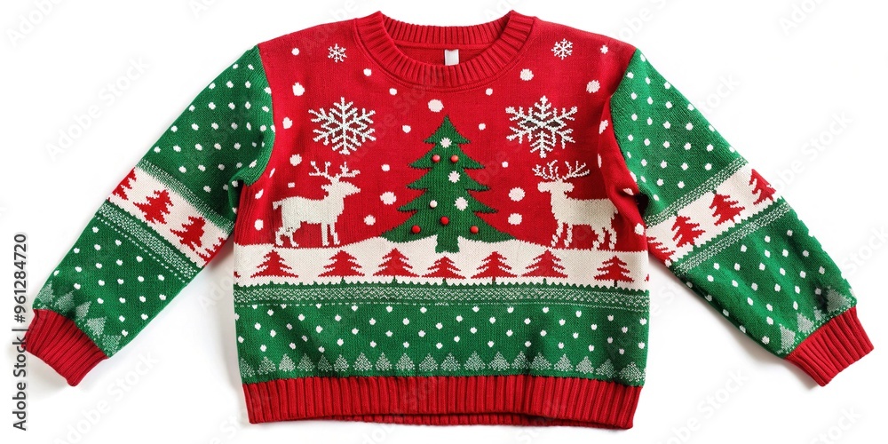 Obraz premium Vibrant red and green festive holiday sweater with snowflakes, reindeer, and trees, garnished with white pom-poms and shiny sequins, lying flat on a white background.