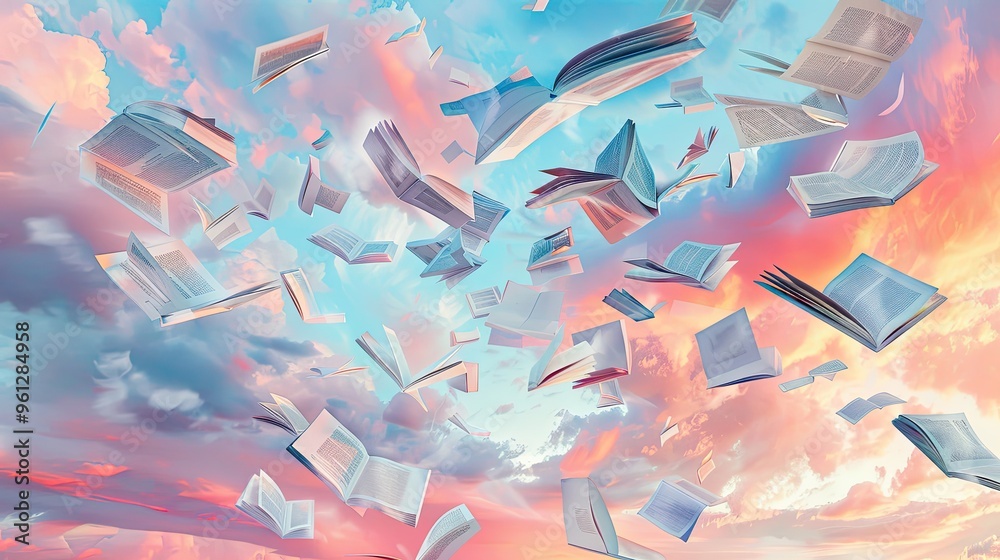 Wallpaper with floating books turning pages in pastel wind under surreal sky Wallpaper with floating books turning pages in pastel wind under surreal sky