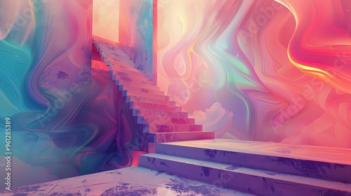 Wallpaper of floating melting staircases leading to abstract landscapes in gradients photo