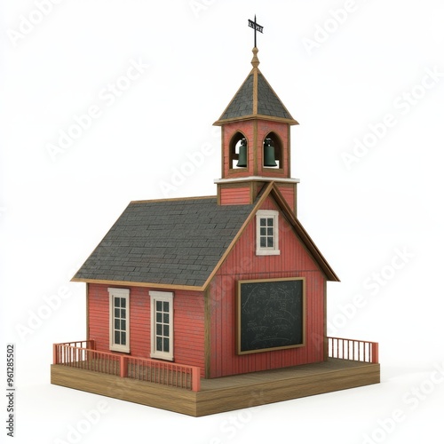 3D Render of a Western schoolhouse with a bell tower and a chalkboard, on isolated white background