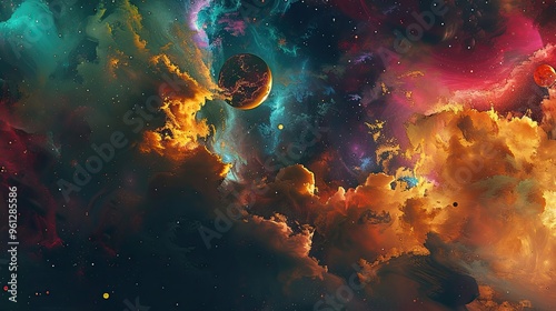 Floating stars and planets in surreal cosmic backdrop with swirling nebulas