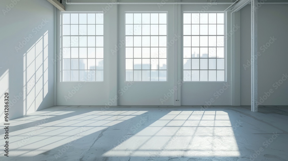 Fototapeta premium Interior of a vacant white loft with shadow from window