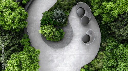 Symmetry in Dividing Spaces, Explore how rooftop garden spaces can be divided symmetrically, using plants, low walls, or furniture to create equal, functional areas in minimalist designs photo