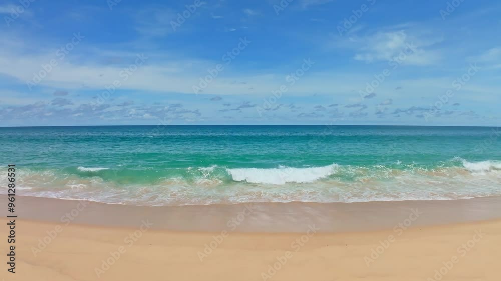 Aerial view of Phuket sea and sand beach in summer season. Amazing sea beach with ocean wave foams. Beautiful nature seascape of sea surface. Concept holiday summer Travel destination