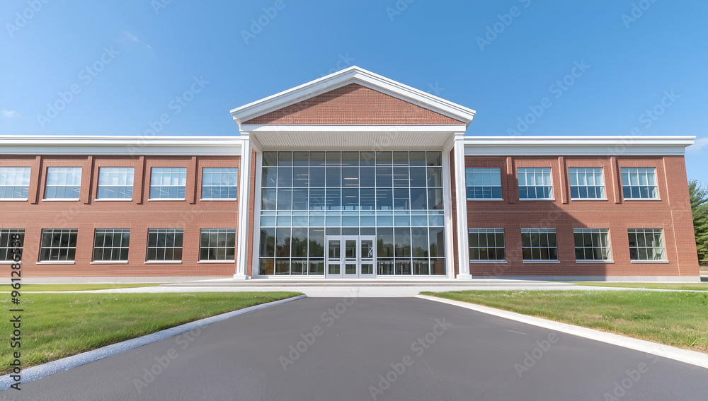Modern School Building with Large Windows and Red Brick Exterior Modern School Building with Large Windows and Red Brick Exterior