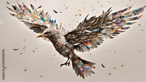 A mixed media composition of a bird in flight, with wings made of torn magazine clippings and a body that dissolves into abstract digital shapes, representing freedom and transformation