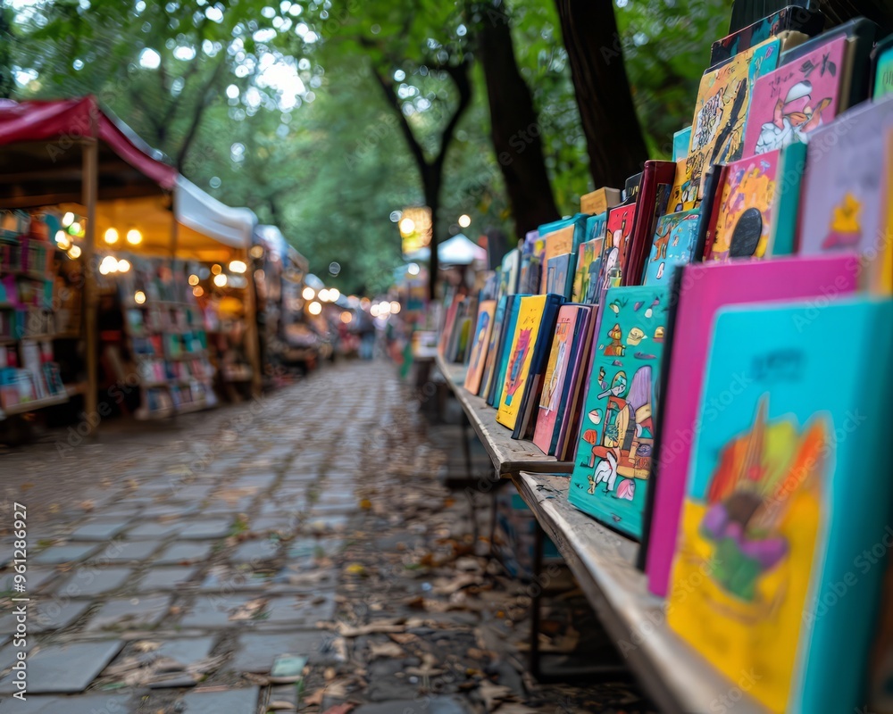 Fototapeta premium A vibrant book market showcasing colorful books lined up along a charming outdoor pathway under green trees.