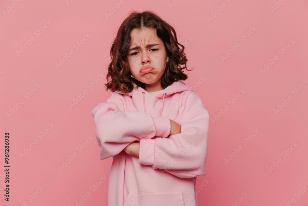 Fototapeta premium Casual young girl with folded arms expresses frustration against a vibrant pink backdrop, capturing a moment of teenage emotion