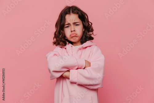 Casual young girl with folded arms expresses frustration against a vibrant pink backdrop, capturing a moment of teenage emotion