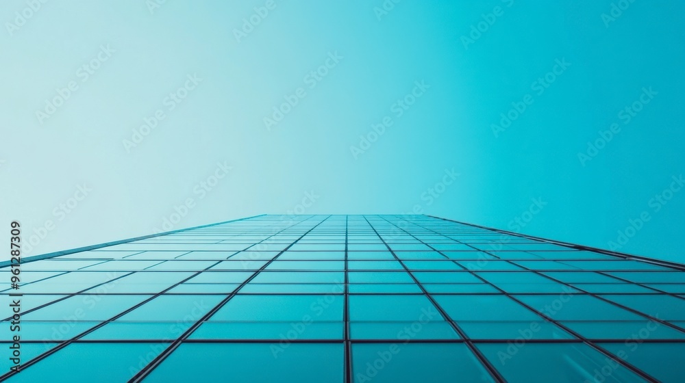 Obraz premium A clear sky above a modern skyscraper, highlighting the architectural design against the bright blue backdrop.
