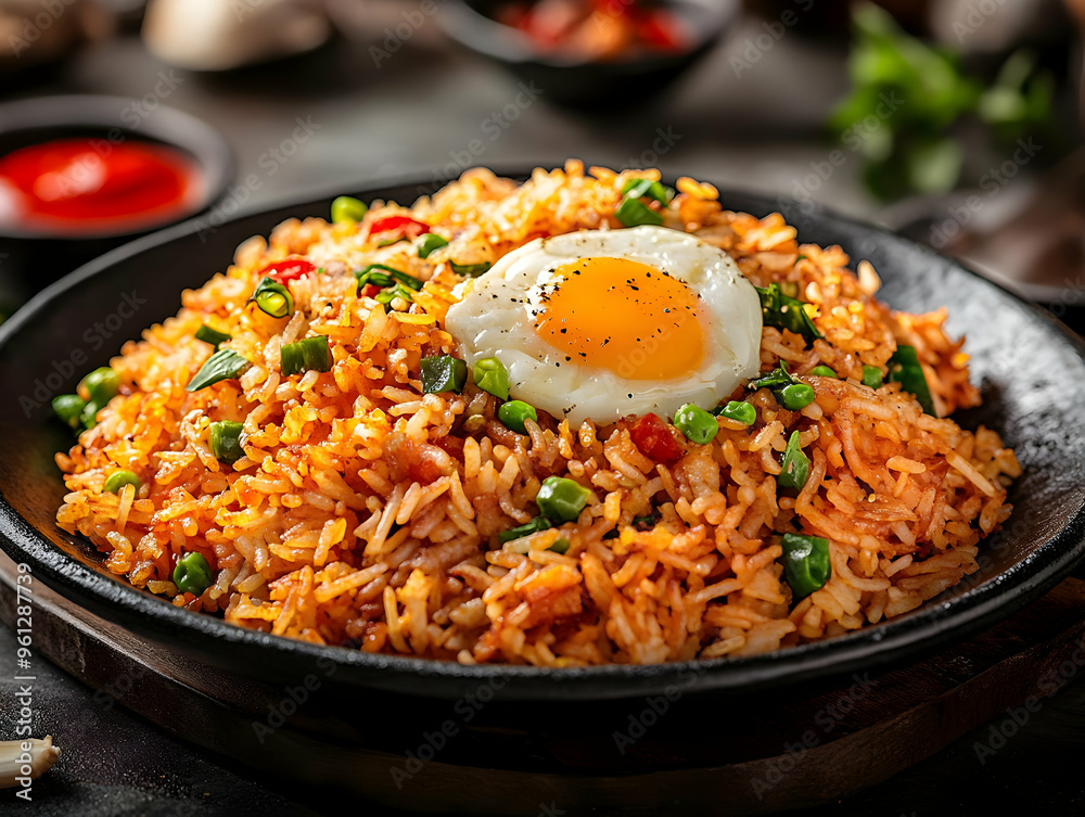 Spicy Fried Rice with Fried Egg, Vegetables, and Herbs - Photo Spicy Fried Rice with Fried Egg, Vegetables, and Herbs - Photo