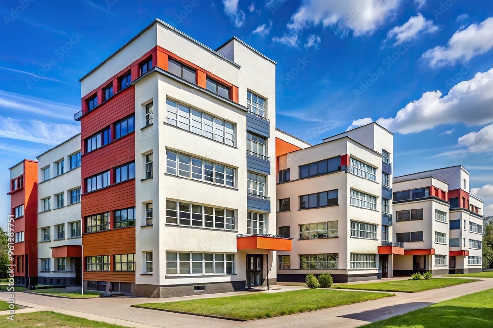 Asymmetrical buildings in style of socialistic constructivism Asymmetrical buildings in style of socialistic constructivism