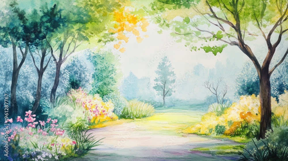 A Tranquil Watercolor Landscape with Sunlit Pathway and Blooming Flora A Tranquil Watercolor Landscape with Sunlit Pathway and Blooming Flora
