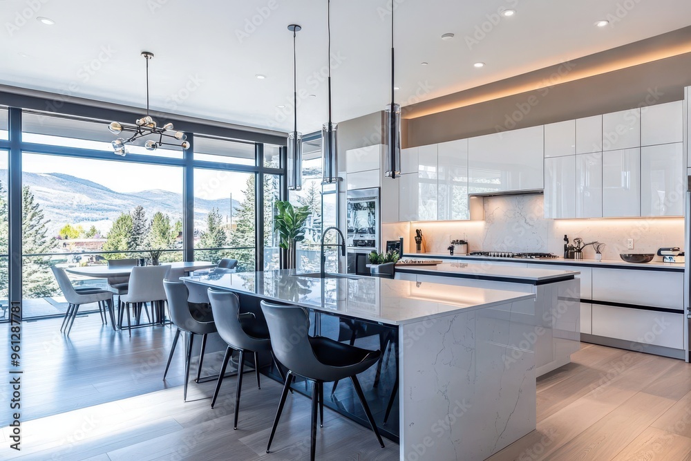 Fototapeta premium Modern kitchen with sleek design and scenic mountain view.