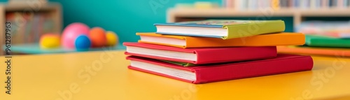 A vibrant stack of colorful books on a bright yellow table, perfect for a playful and engaging learning environment.