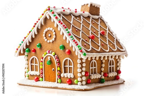Asymmetrical Christmas gingerbread house on white background