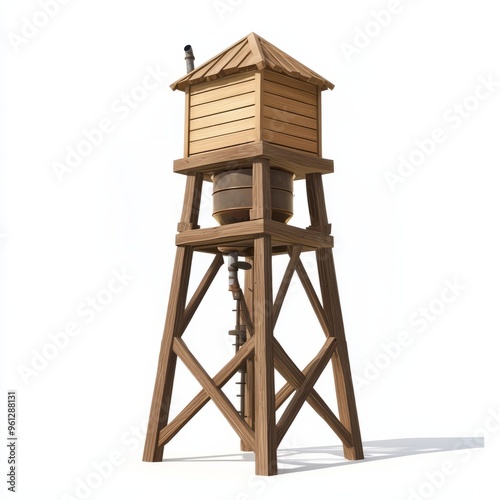 3D Render of a Western water tower with wooden supports and a spout, on isolated white background